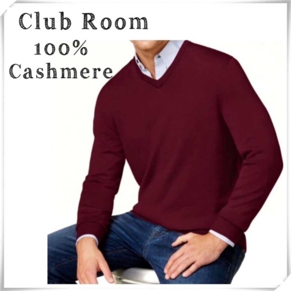 CLUB Room 100% Cashmere Classic Fit Academia V-Neck Sweater in Burgundy Red